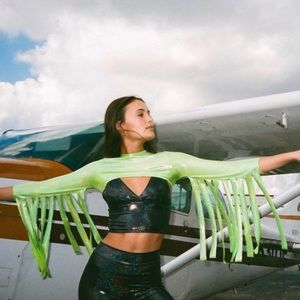Space Cowgirl Rave Alien Fringe Holographic Green Shrug